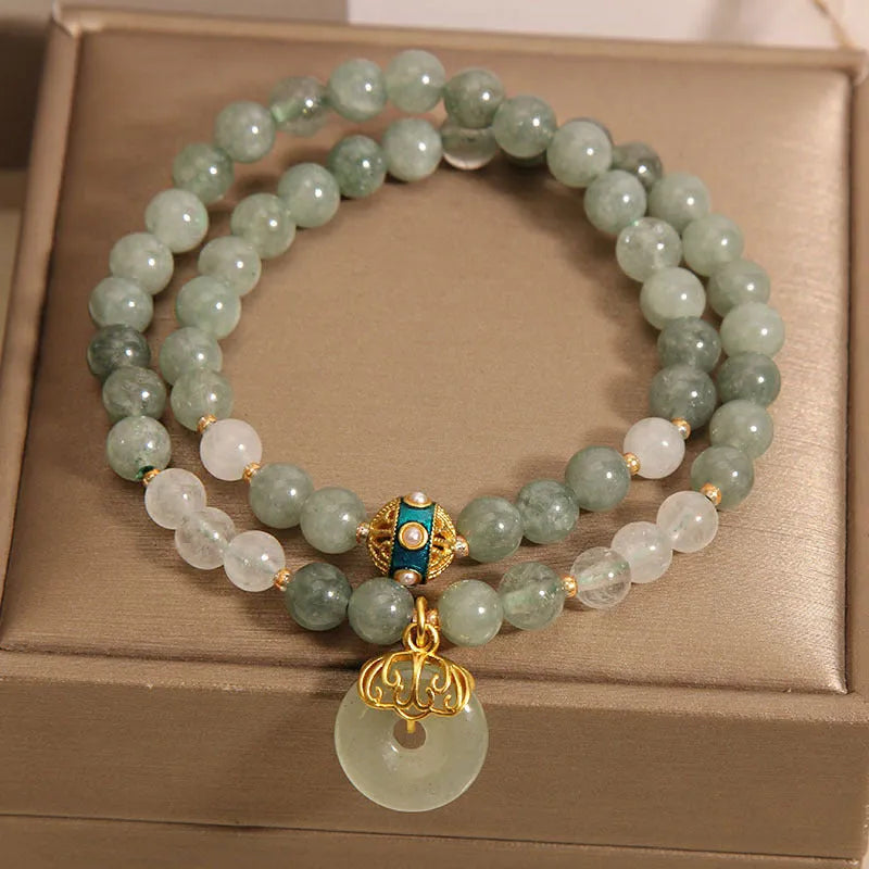 Double-layer aventurine jade bracelet with peace buckle clasp and crystal rhinestones