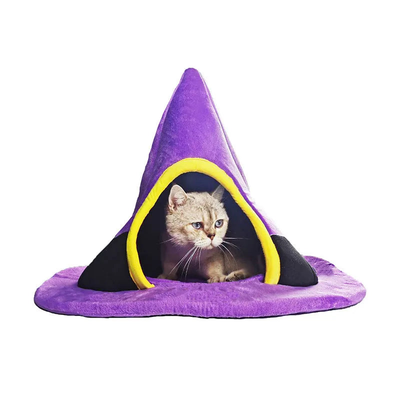 Purple witch hat shaped cat bed measuring 60x45cm with cloth construction