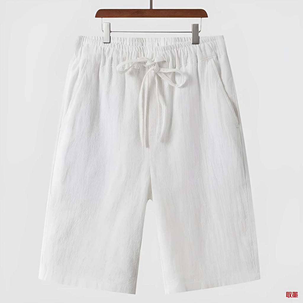 Men's linen shorts loose cropped pants mid waist summer lightweight breathable fabric