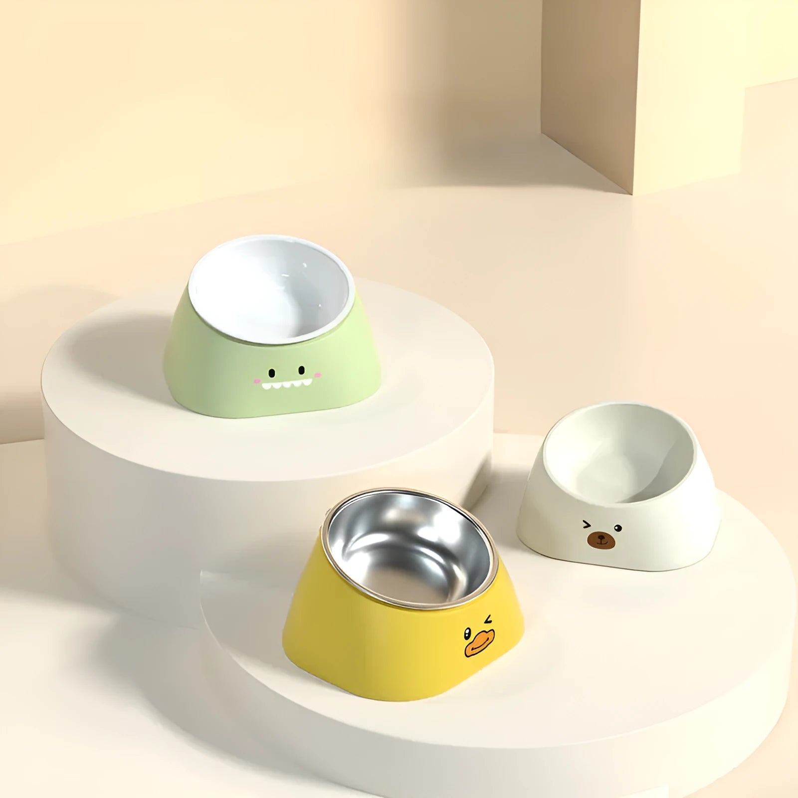Green tilted stainless steel pet bowl showing 15-degree feeding angle
