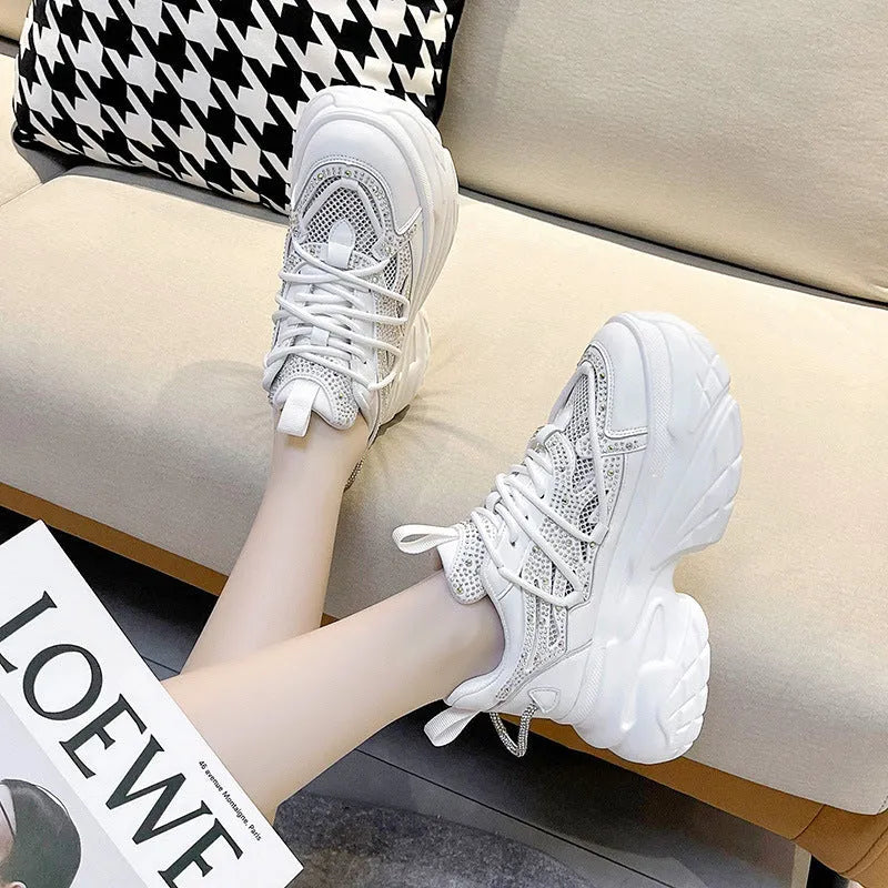 Women's mesh breathable sneakers platform mid heel lace-up black pink white sizes 35-40