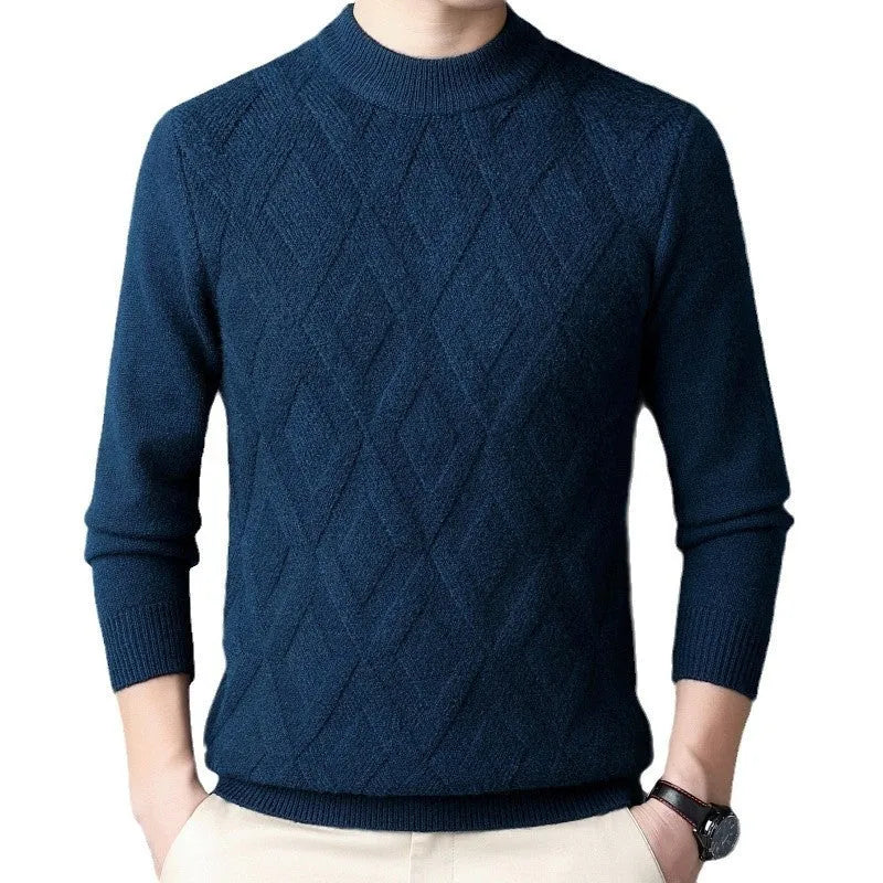 Men's diamond jacquard knit winter sweater in wool polyester blend, showing texture and pullover style