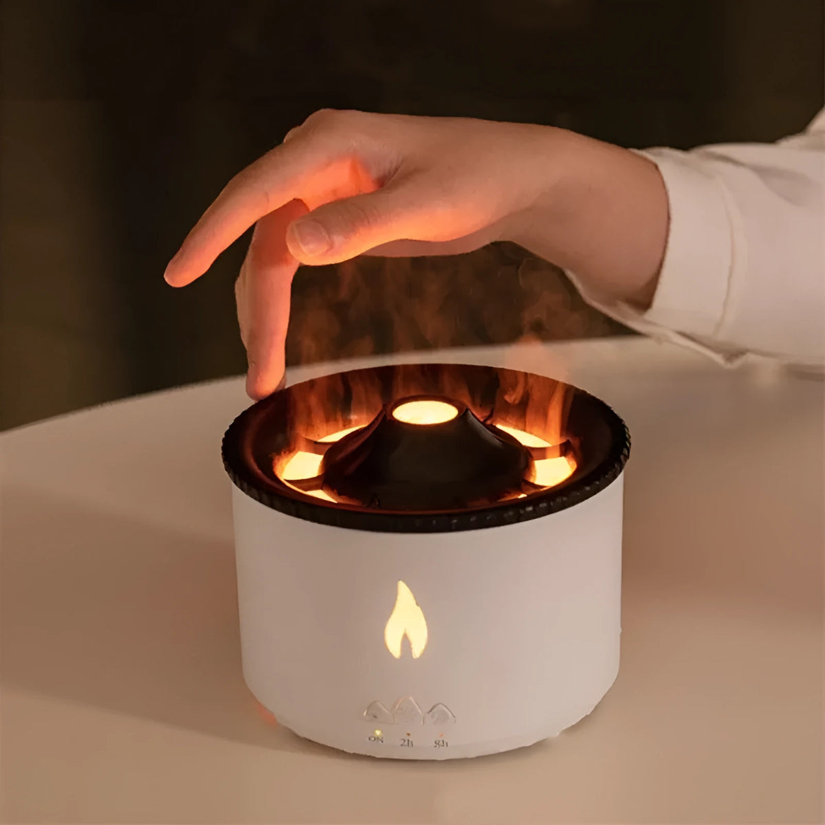 Ultrasonic aromatherapy diffuser with volcano flame lamp simulation, 350ml capacity, blue flame bead colour