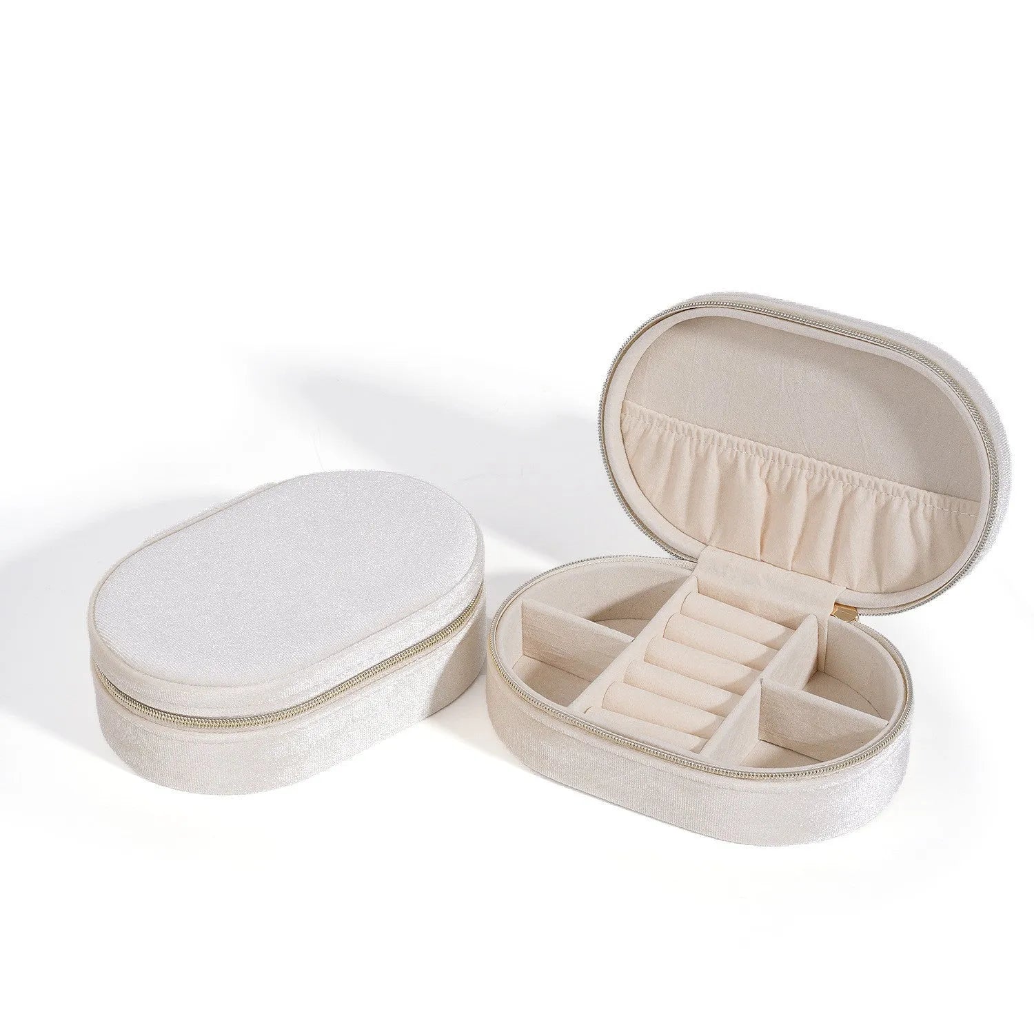 Oval velvet jewellery storage box with flannel interior in multiple colour options showing 15x10x5cm dimensions