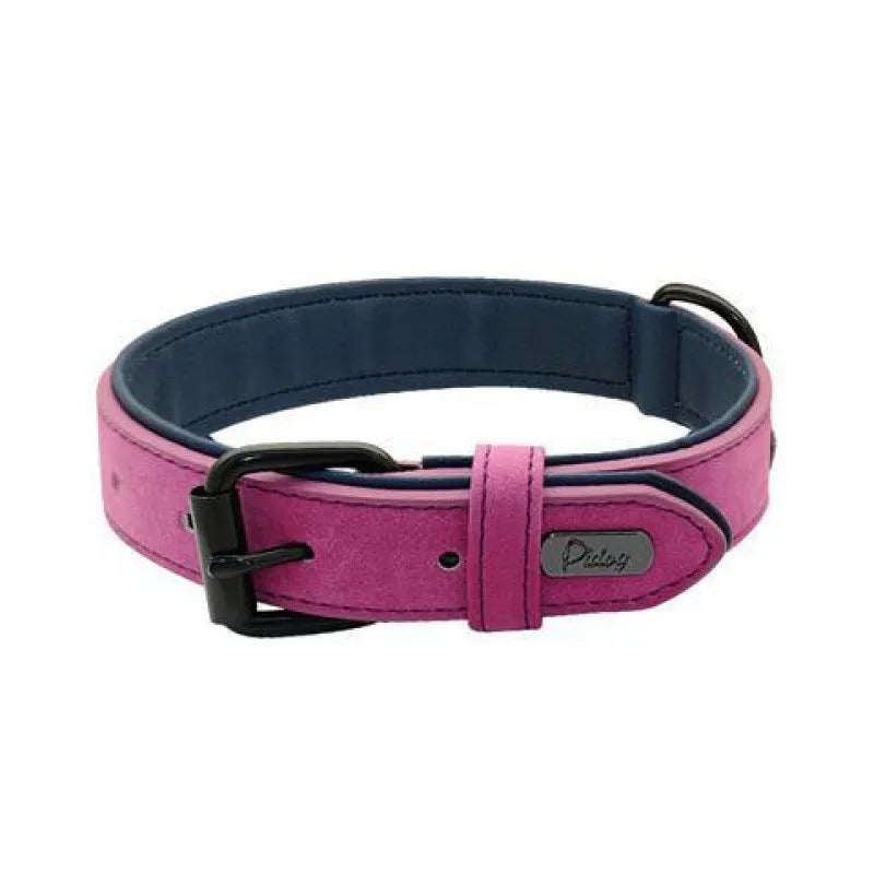 Adjustable dog collar in purple showing durable PU front and microfiber back, with size options.
