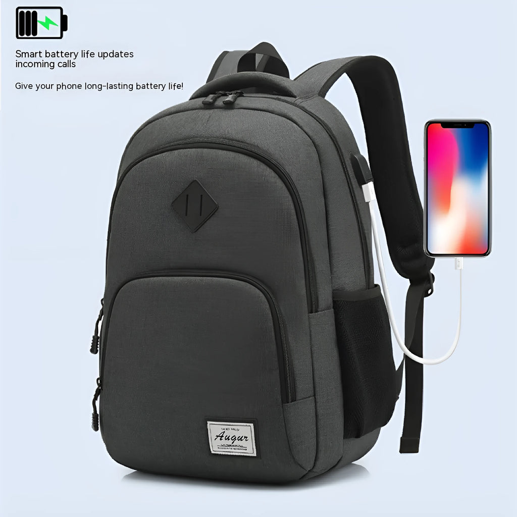 Gray nylon backpack with USB charging port and trolley case straps