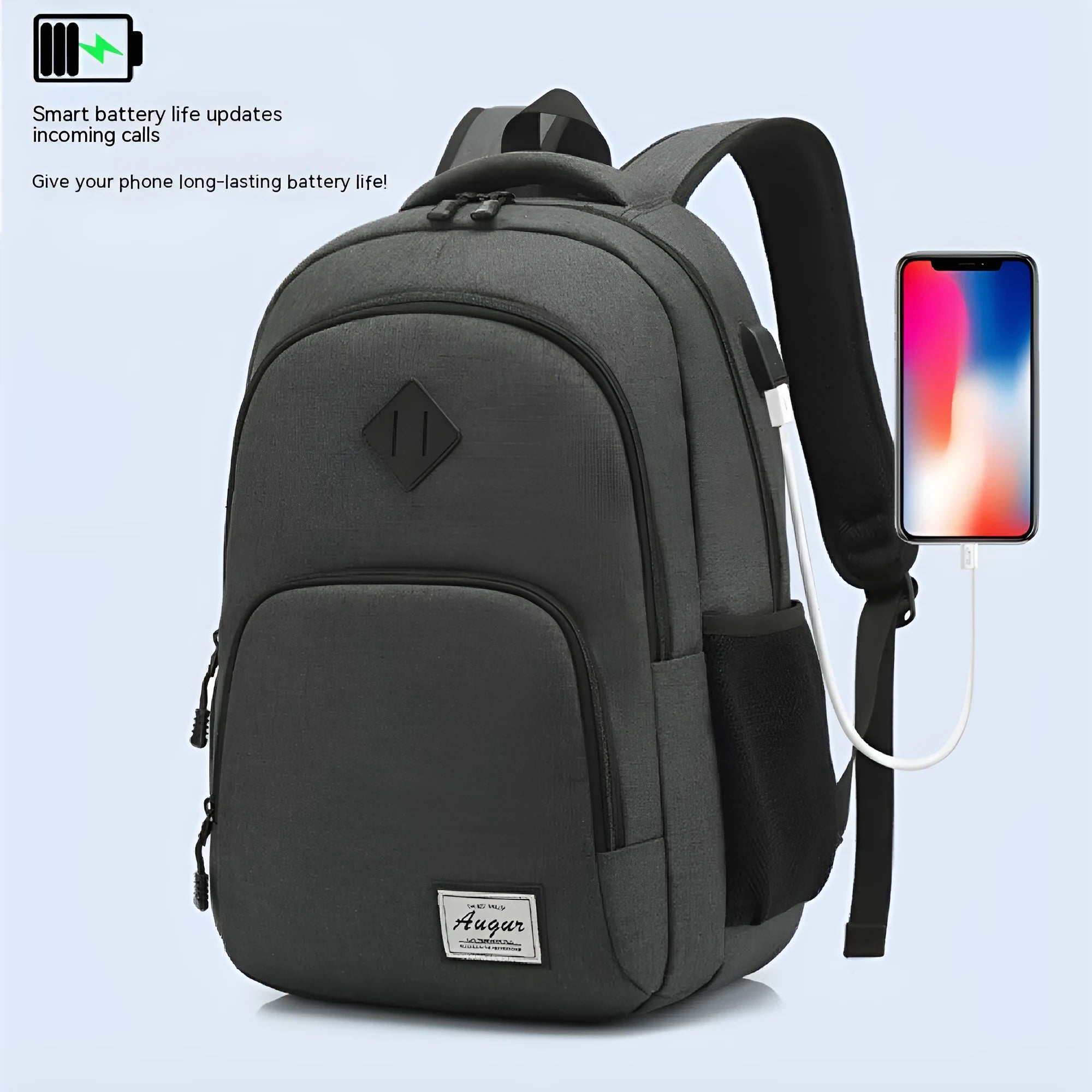 Gray nylon backpack with USB charging port and trolley case straps
