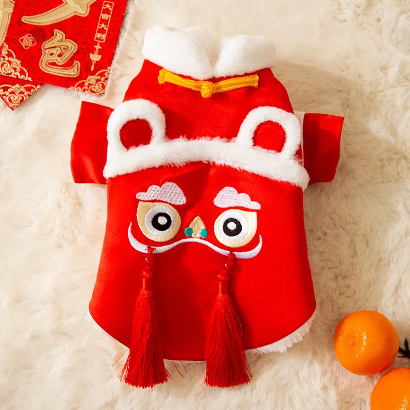 Lion dance pet costume cotton-padded red dog and cat warm clothing with tassels