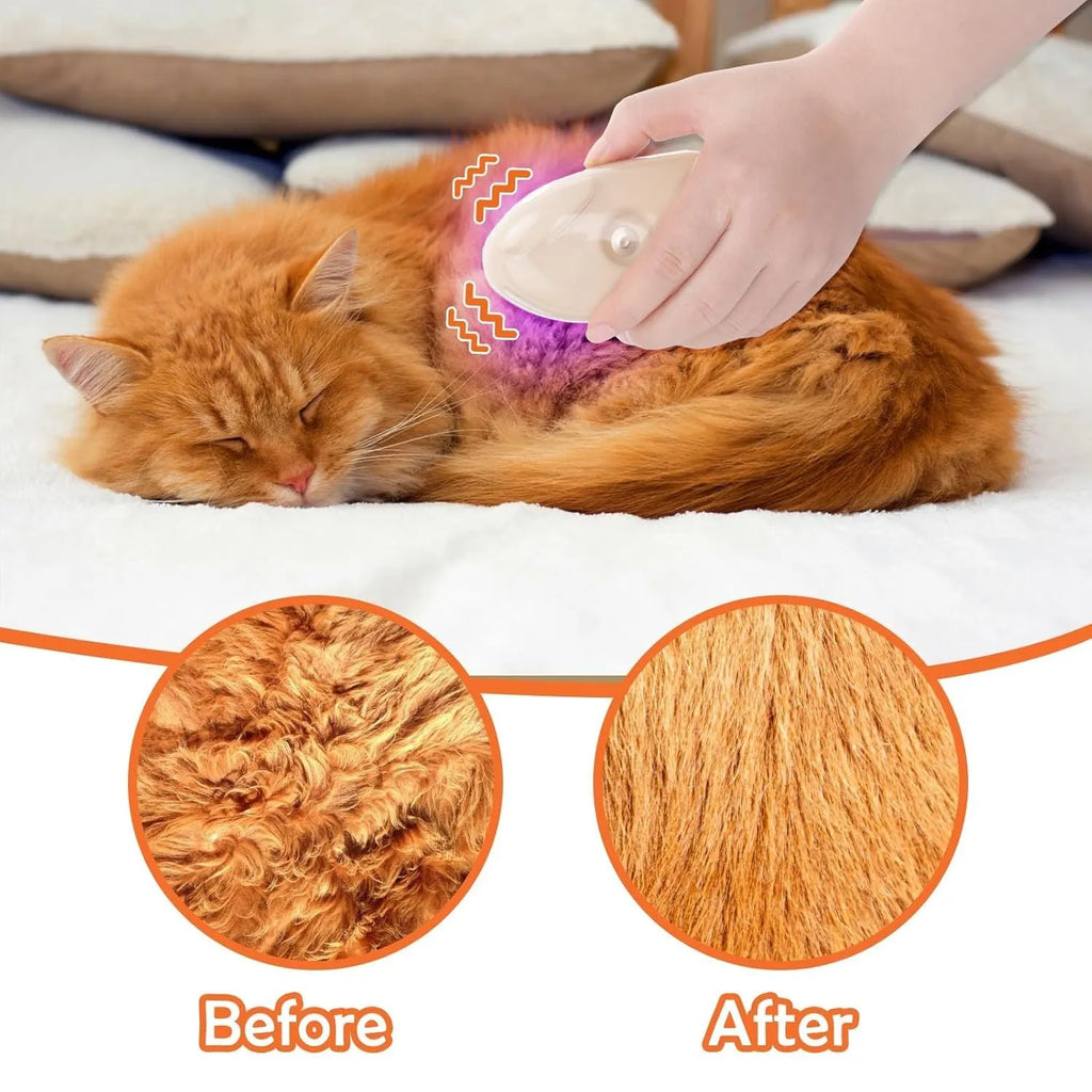 Yellow 4-in-1 cat steam brush with silicone teeth and ringworm detector for pet grooming