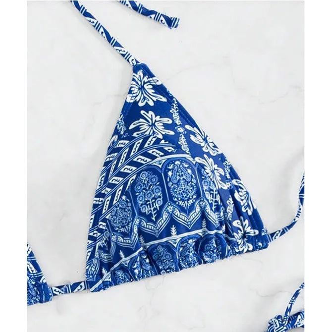 Women's polyester split bikini swimsuit with bandage-style stitching in multiple colour options