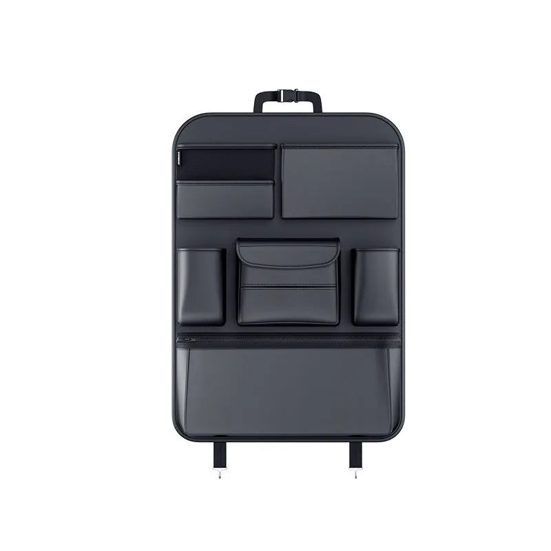 Black leather car seat back hanging storage bag with handle shown in large and small size options