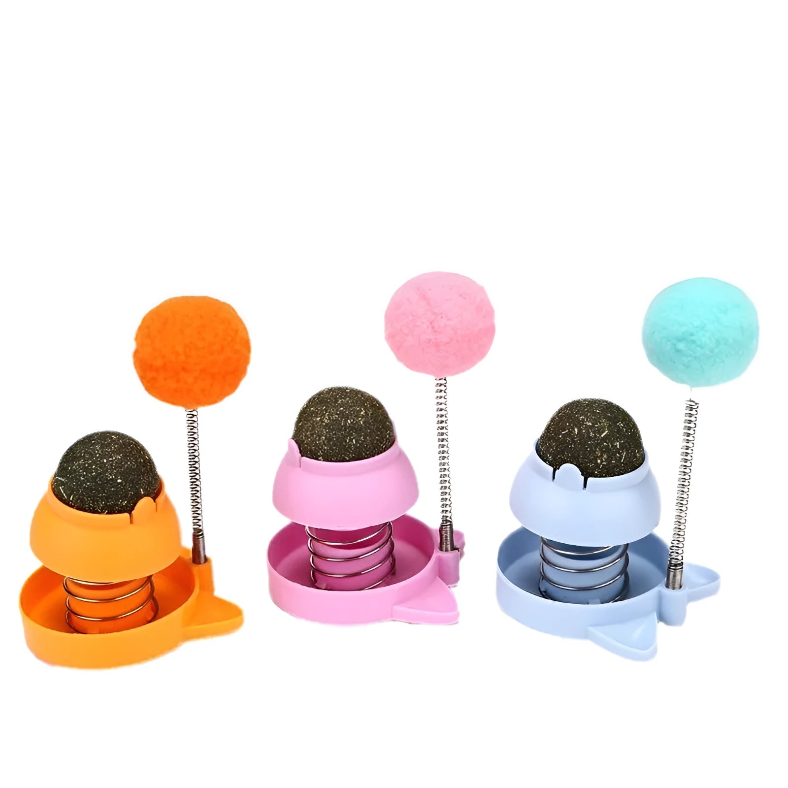 Lucky Cat mint-scented music ball and teaser stick cat toy in blue, orange or pink colours