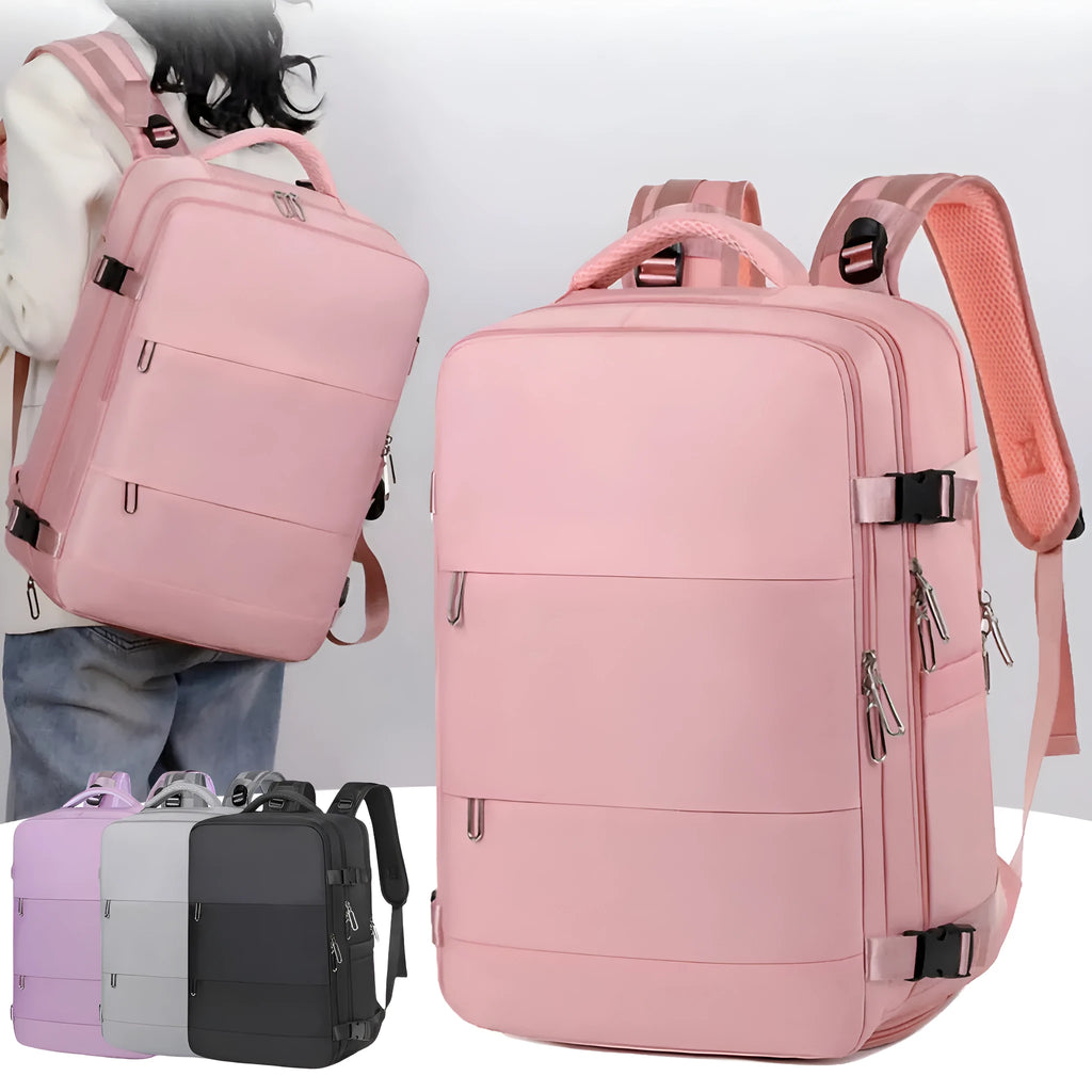Purple large-capacity travel backpack with multiple compartments and air-pillow shoulder straps.