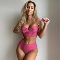 Women's plaid pattern bikini swimsuit set with high waist briefs on a neutral background.