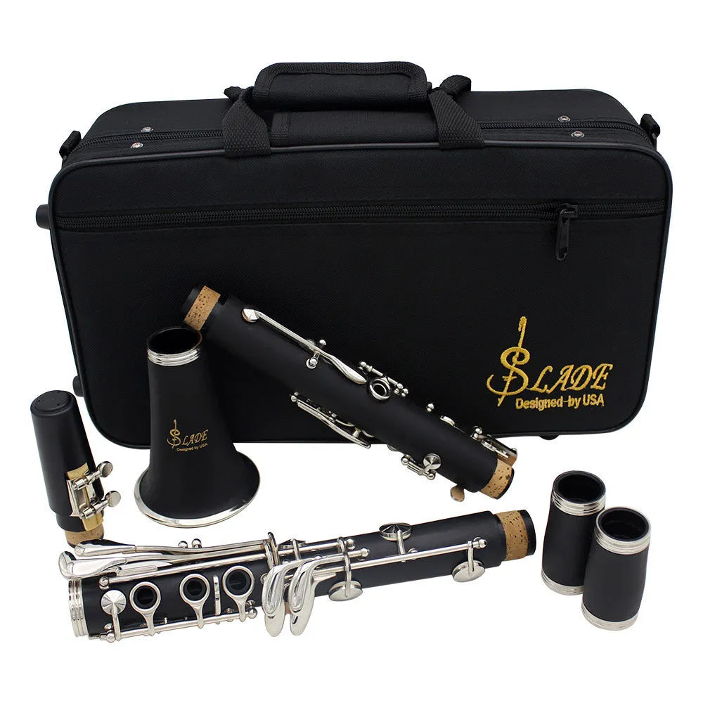 Black Bakelite beginner clarinet with 17 nickel-plated keys and carrying bag