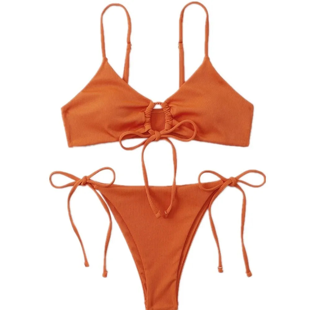 Women's solid colour drawstring bikini swimsuit in army green on a neutral background.