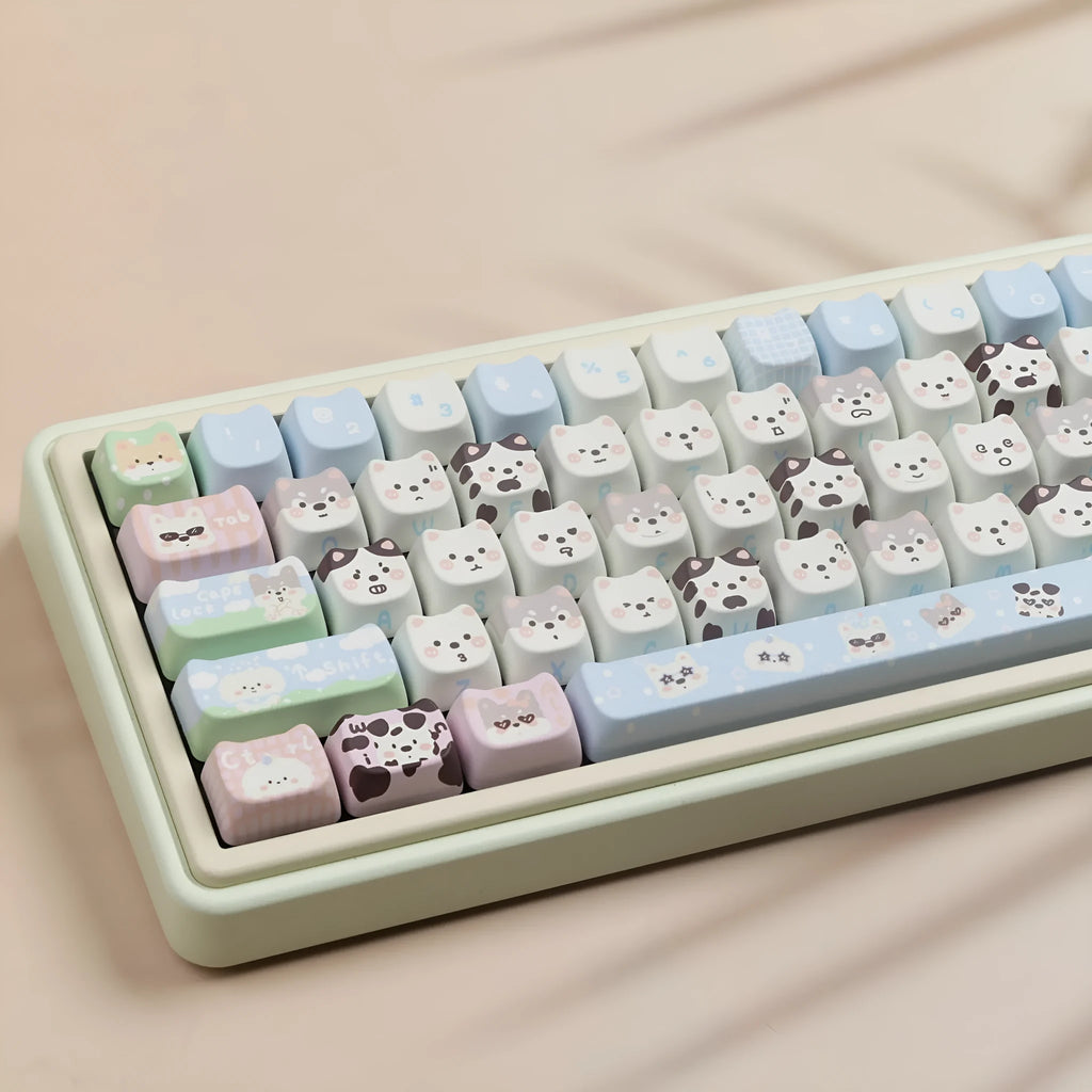 PBT key cap set with cat and puppy sublimation designs for mechanical keyboard customisation