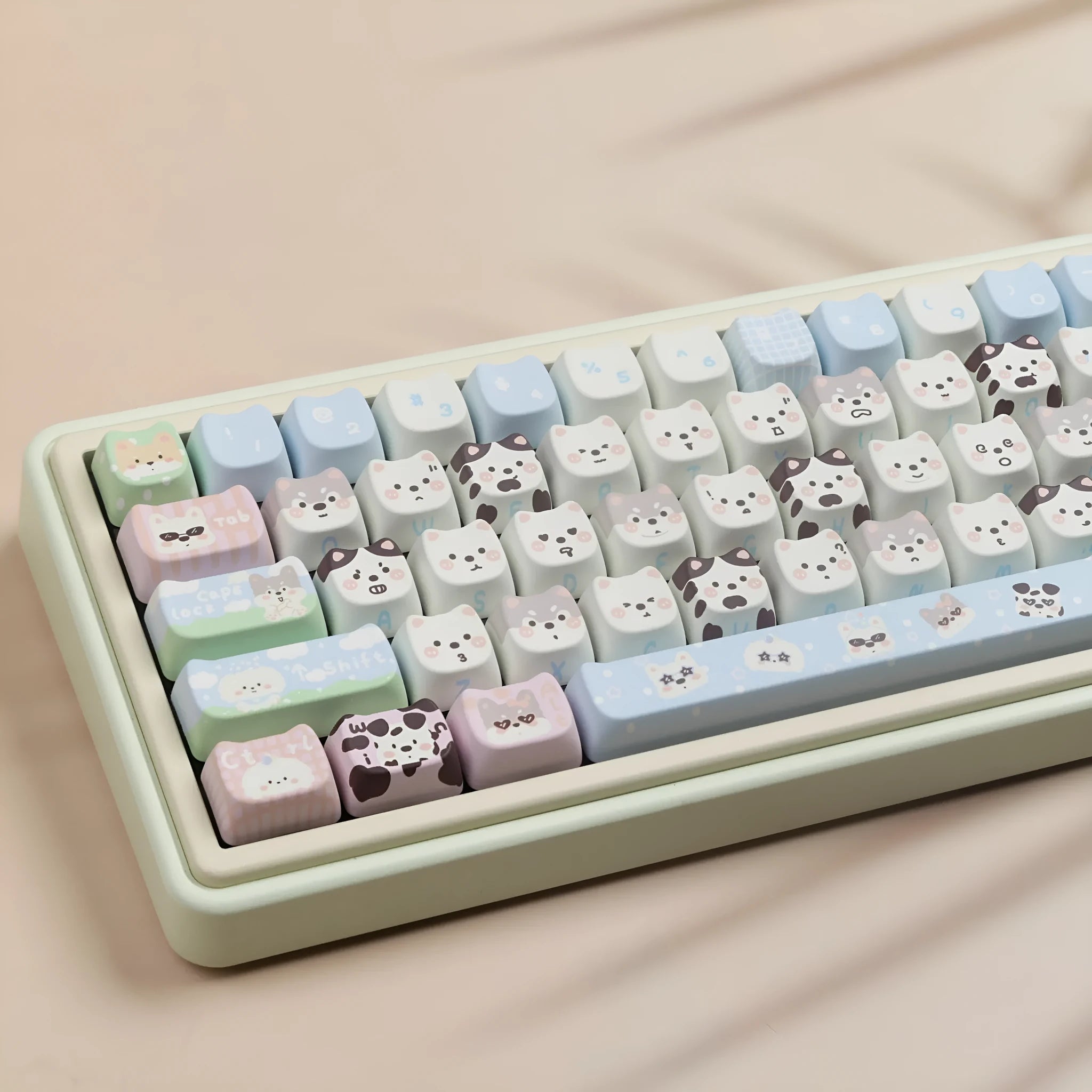 PBT key cap set with cat and puppy sublimation designs for mechanical keyboard customisation