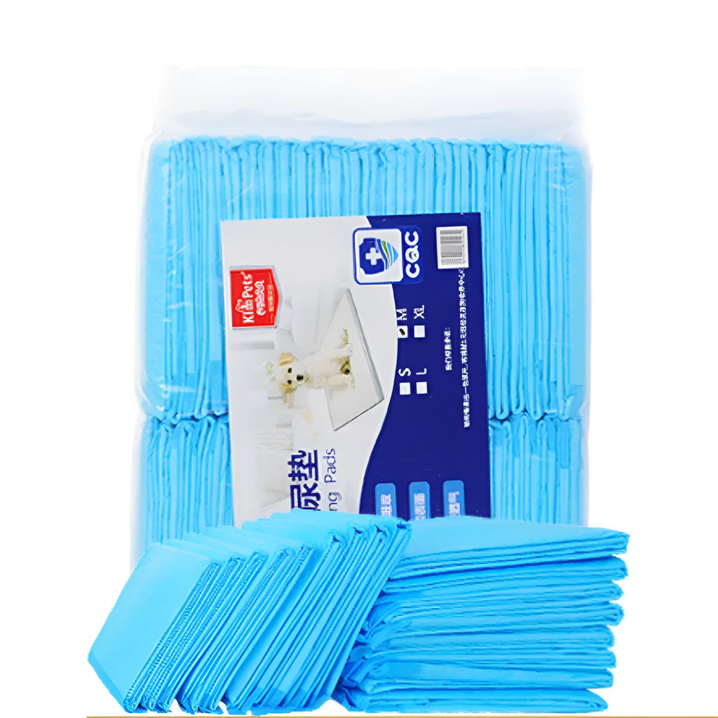 Blue disposable thickened pet diaper pad for dogs and cats with absorbent core, available in sizes XS to XL