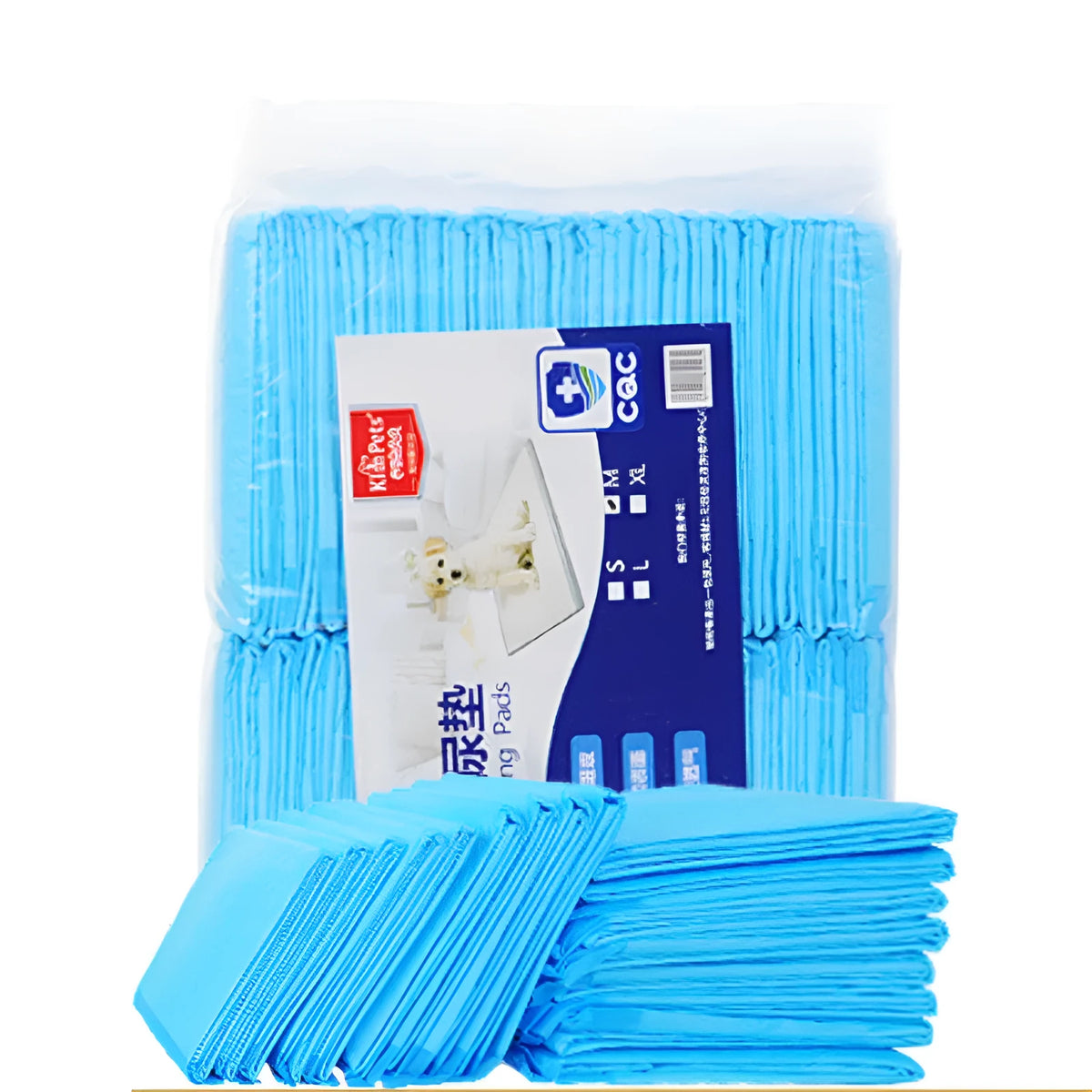 Blue disposable thickened pet diaper pad for dogs and cats with absorbent core, available in sizes XS to XL