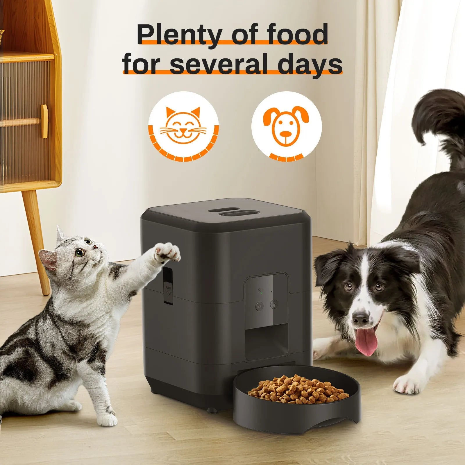 White automatic pet feeder with digital display and food container for cats