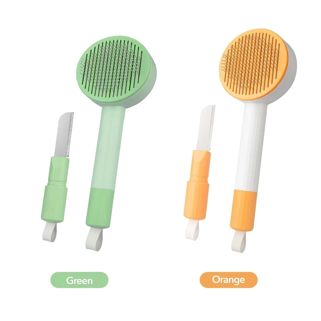 Green pet grooming brush with stainless steel bristles and hanging loop