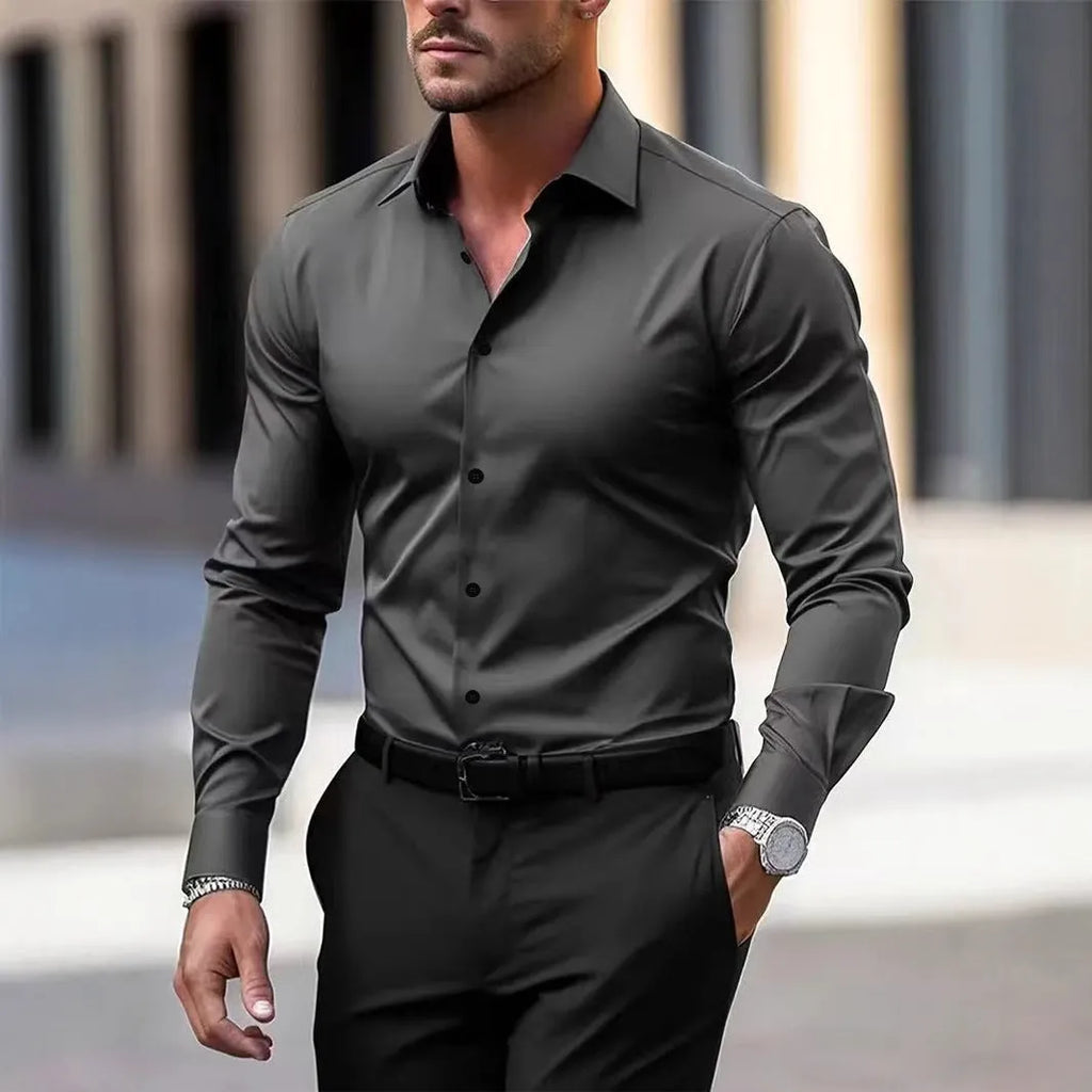 Men's solid colour velvet button-down shirt with long sleeves and lapel collar in navy blue