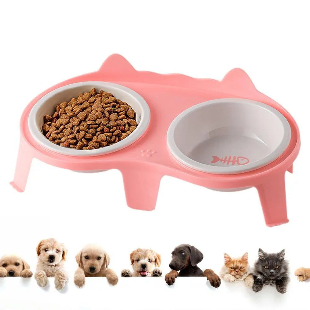 Blue ceramic cat bowl set on white elevated stand with hook, showing tilted food and water dishes.