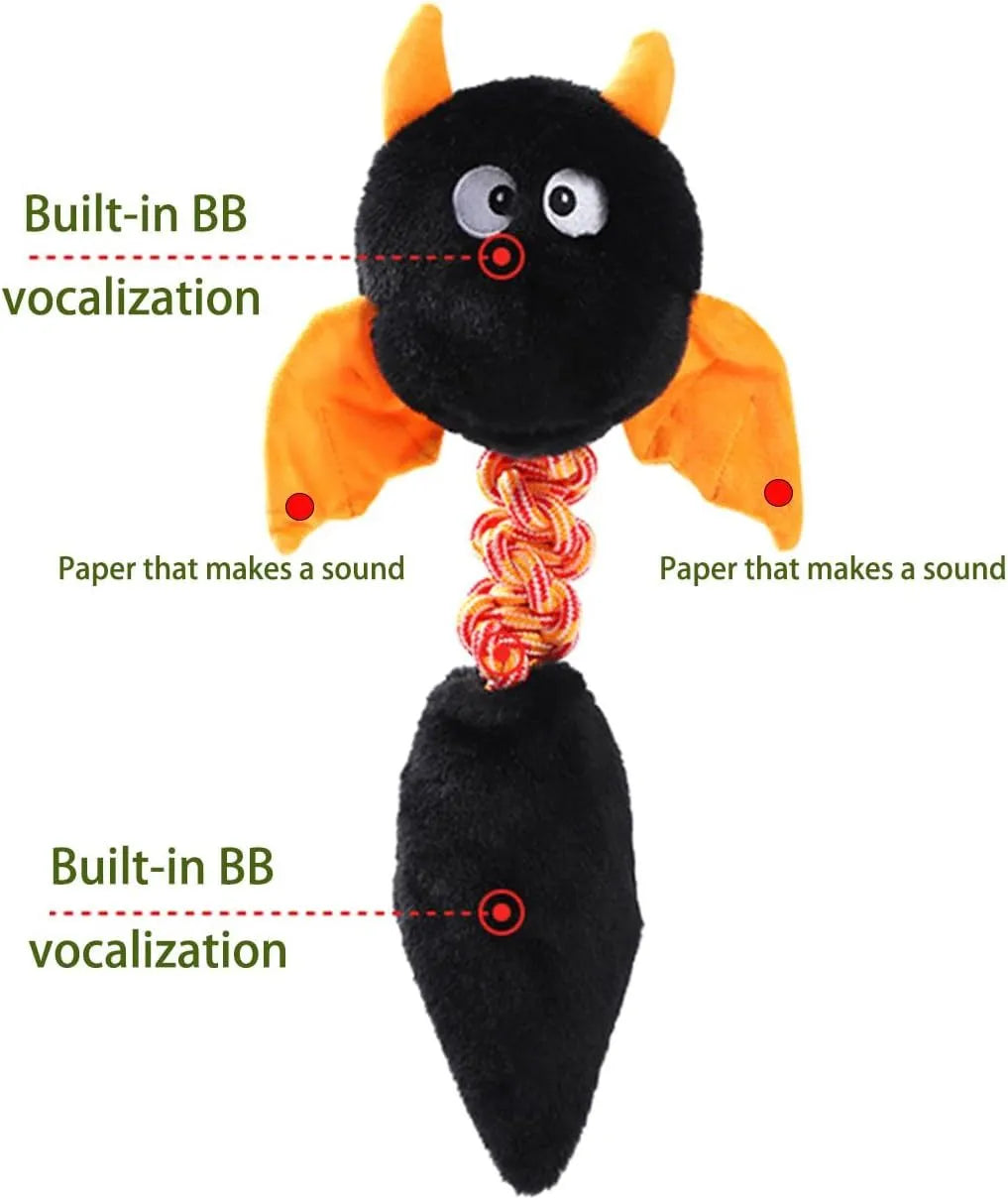 Large black plush dog toy with cartoon shape, rope knot, and squeaker for aggressive chewers.
