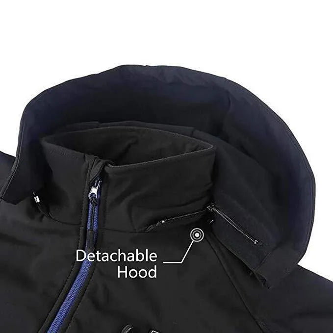Black men's USB heated waterproof windproof winter coat with zipper pockets and long sleeves