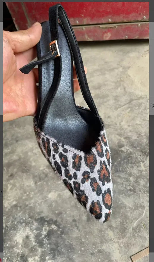 Women's leopard print suede sandals with a scattered pointed toe and high heel
