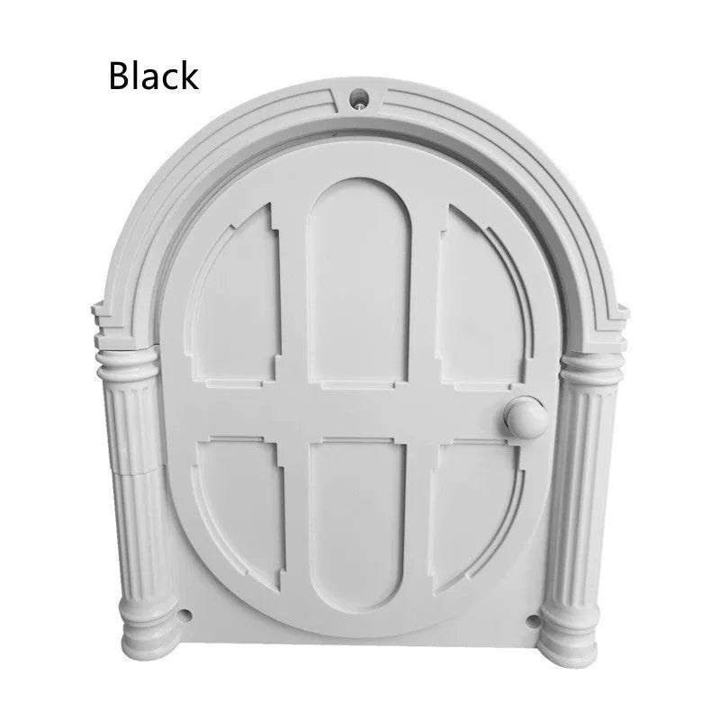 White plastic cat dog door with minimalist design on a black background