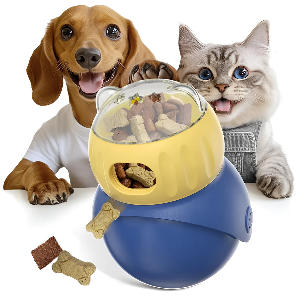 Owl-shaped plastic tumbler cat puzzle toy in Morandi yellow and blue colours for self-service feeding