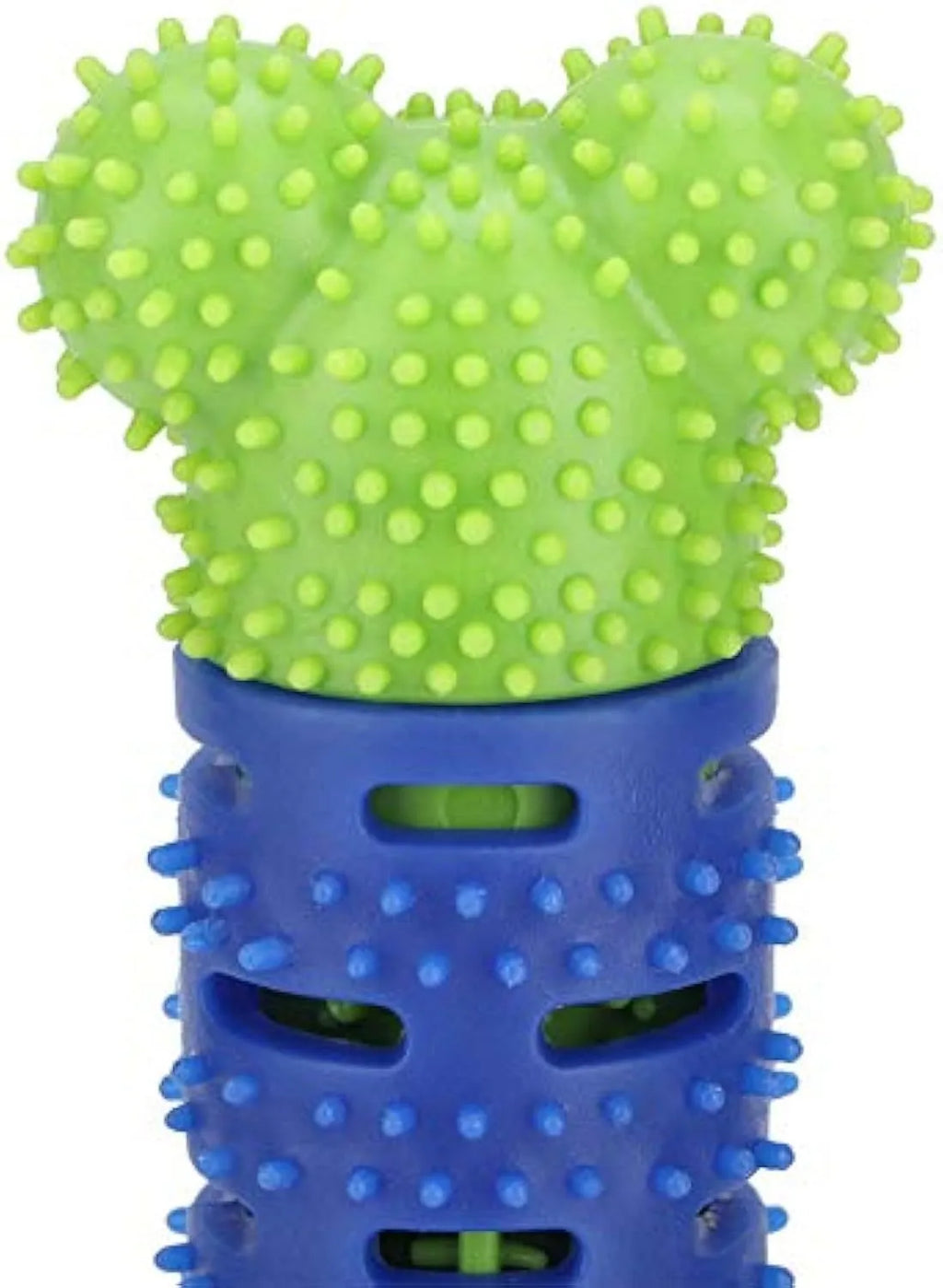 Blue and green silicone dog dental cleaning stick with textured bristles and nodules, 25 cm length