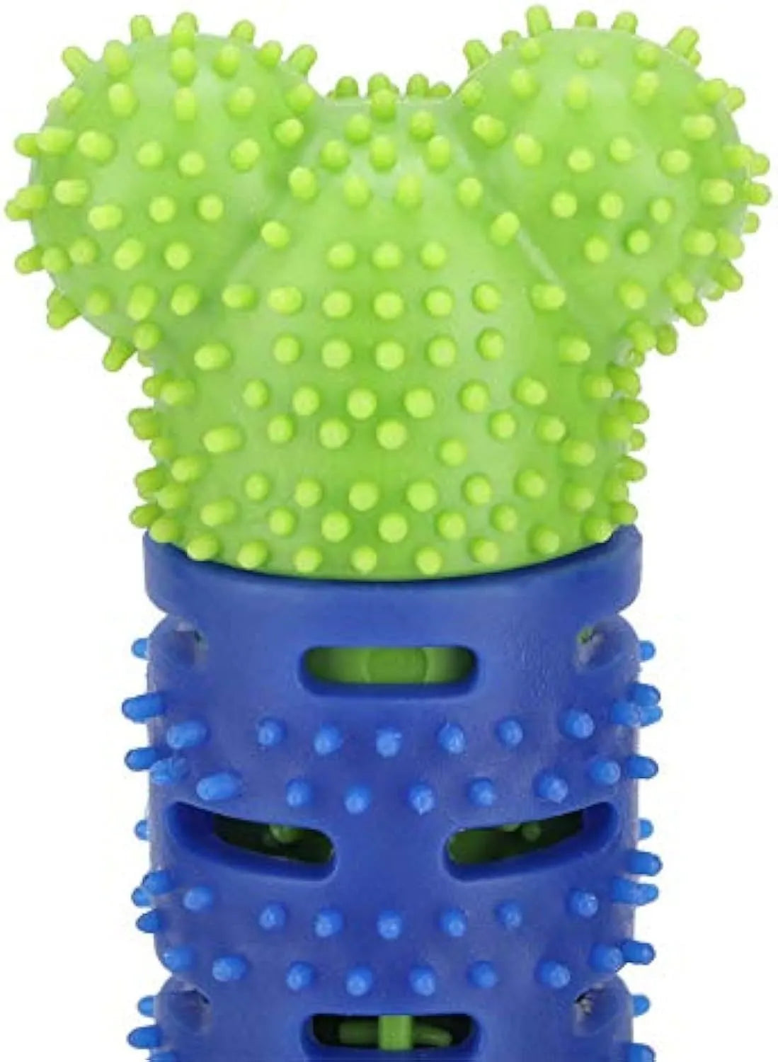 Blue and green silicone dog dental cleaning stick with textured bristles and nodules, 25 cm length