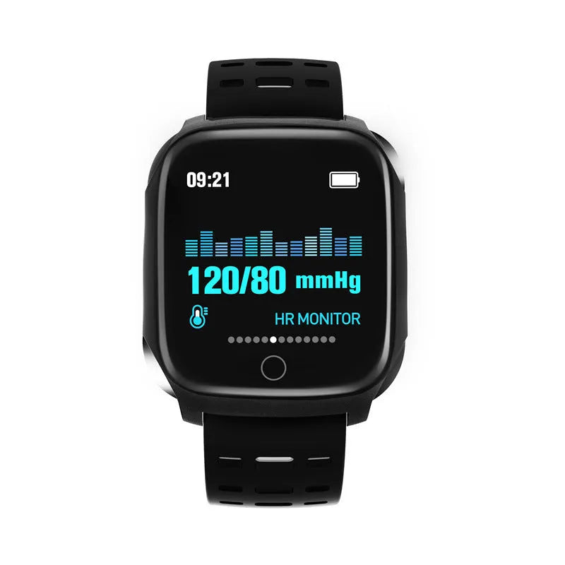F16 Smart Watch with ECG monitoring on a silicone wristband in black, grey, green or red colour options.