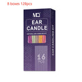 MQ Horn ear candle health massage kit showing cotton candles, protection boards, and swabs in assorted colours.