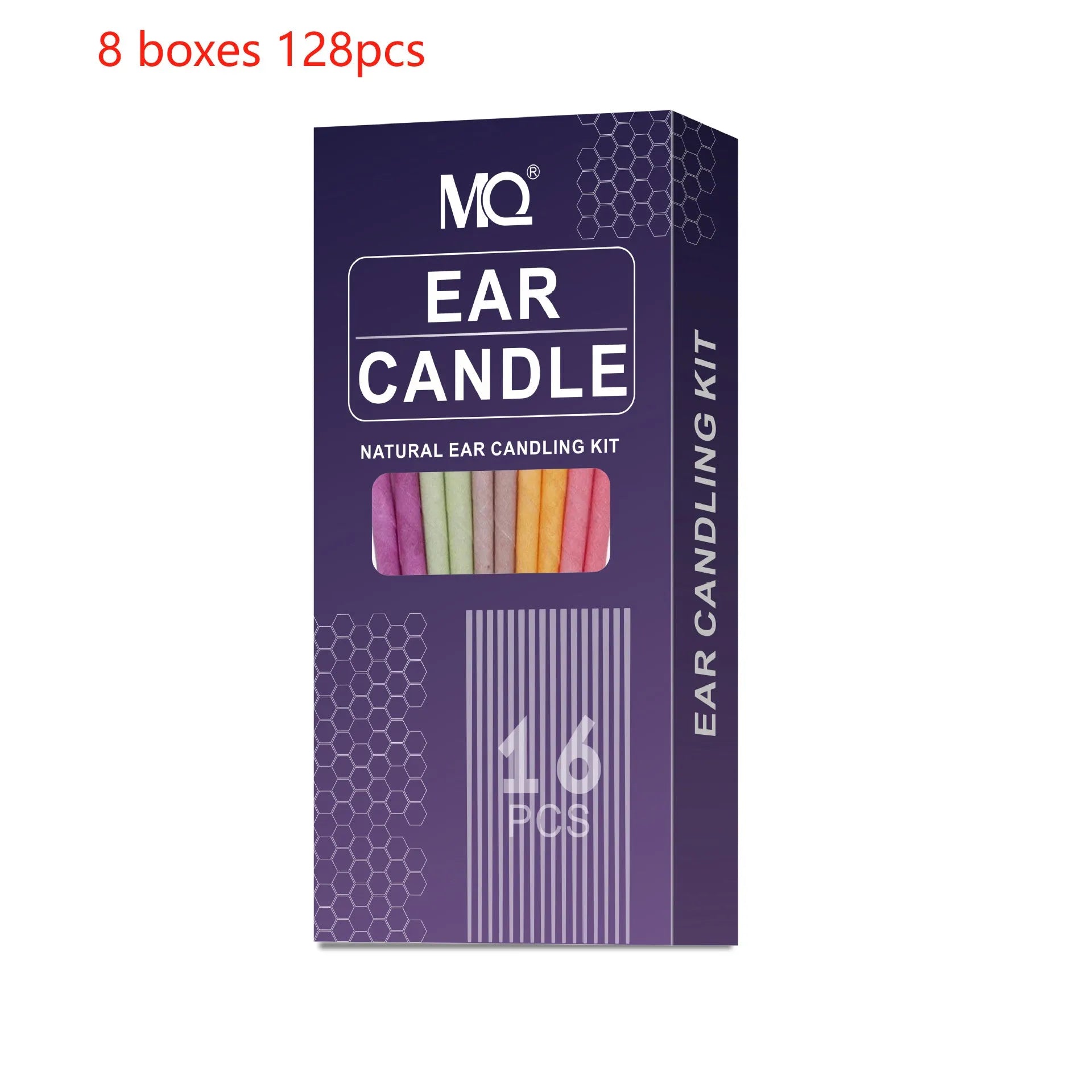 MQ Horn ear candle health massage kit showing cotton candles, protection boards, and swabs in assorted colours.