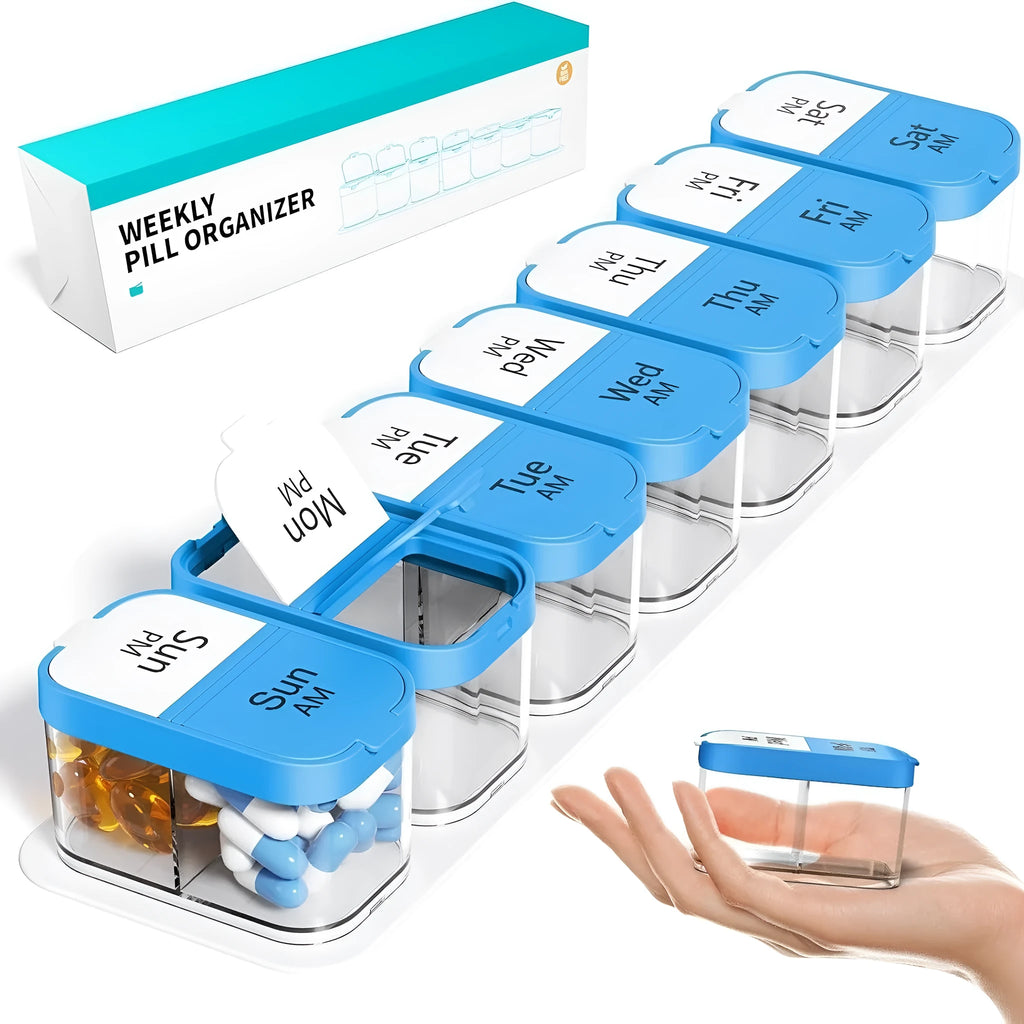 14-compartment pill organiser with removable sections in white and rainbow colour options