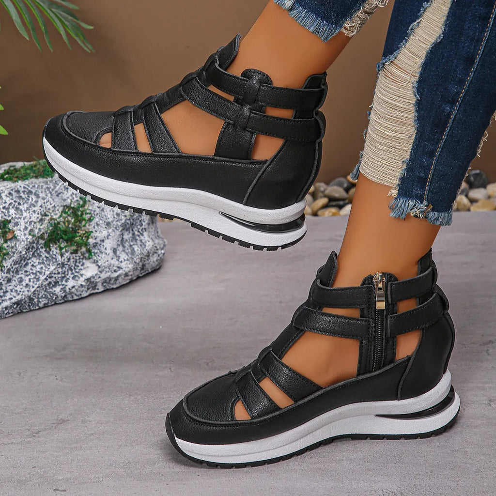 Women's black close-toed hollow-out platform sandals with Velcro strap and rubber sole