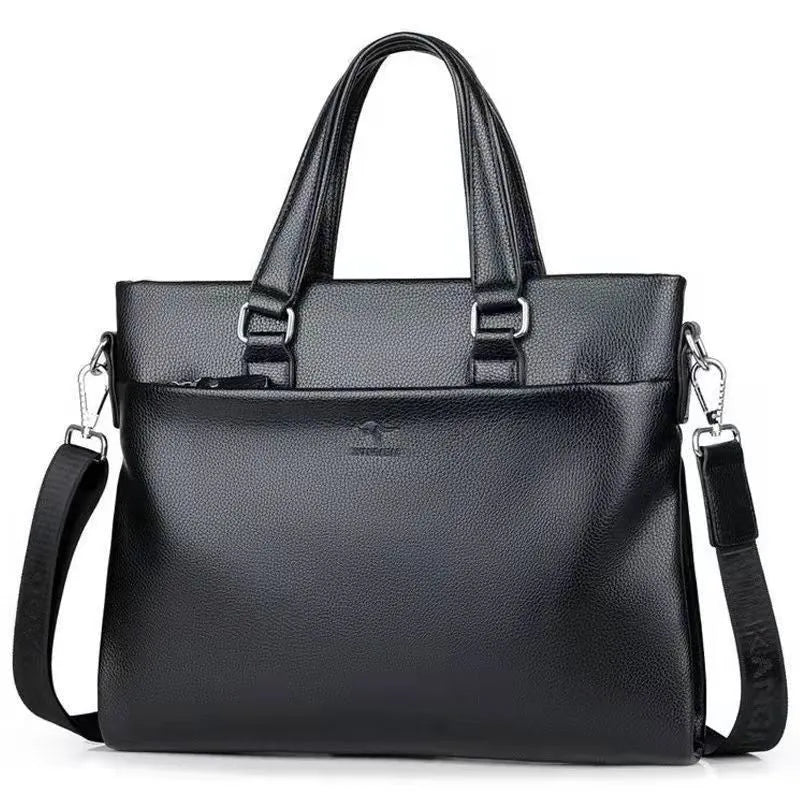 Men's black PU leather business messenger bag with splicing details measuring 35x30x4cm