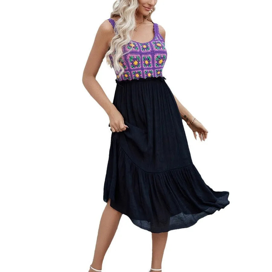 Purple sleeveless dress with hand hook flower stitching detail on front