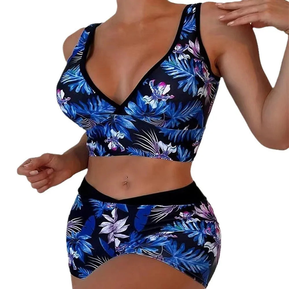 Women's two-piece swimsuit with boxer shorts in a multi-colour print pattern