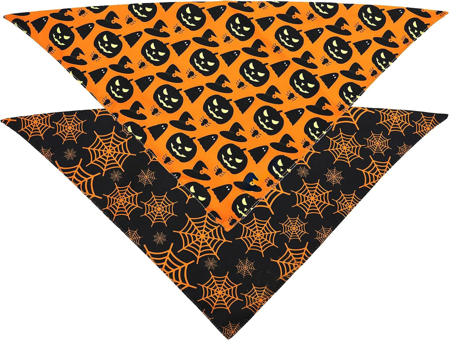 Halloween dog bandana with reversible pumpkin and spider web patterns on black and orange fabric