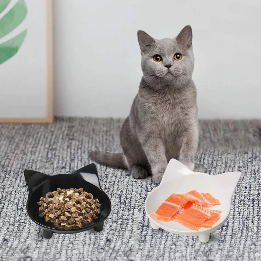 Shallow melamine cat bowl with anti-skid rubber base in black or white colour