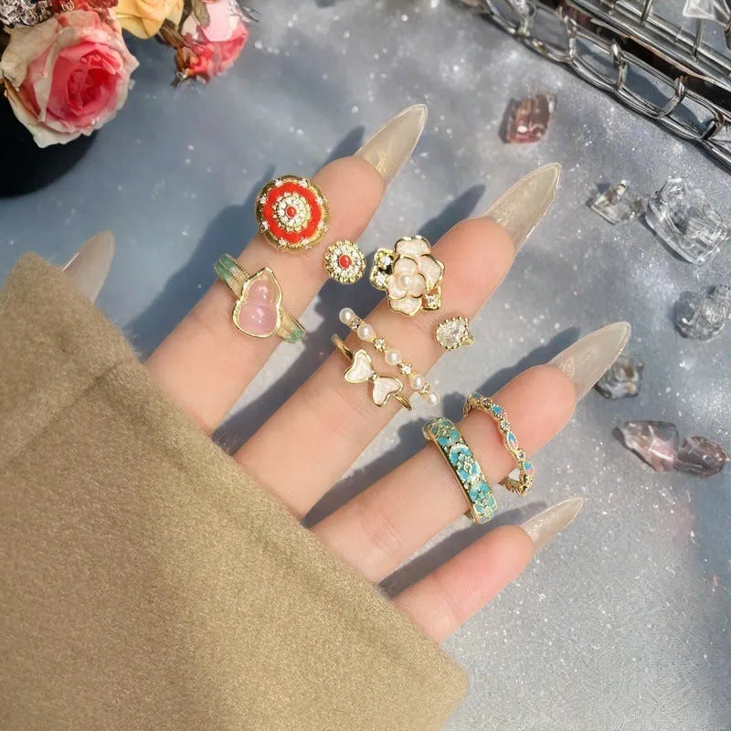 Copper gourd flower bow ring with vintage oil dripping effect and adjustable opening for women