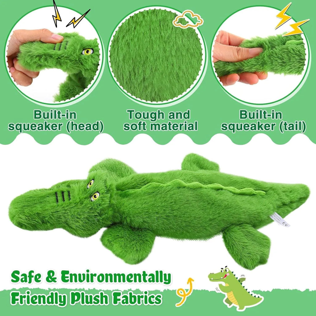 Green crocodile-shaped squeaky dog toy with crinkle paper tail for aggressive chewers