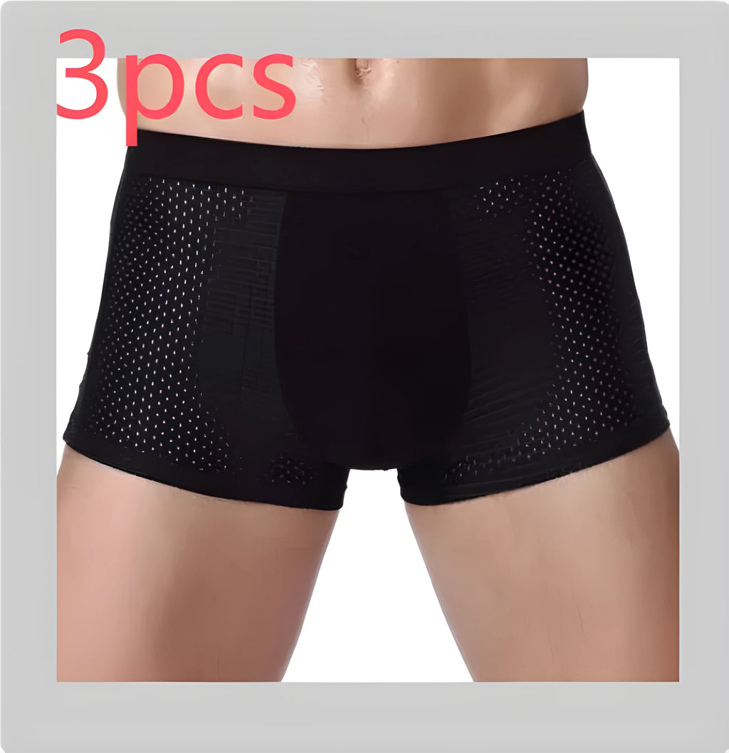 Men's solid colour ice silk modal boxer briefs showing U convex design front panel