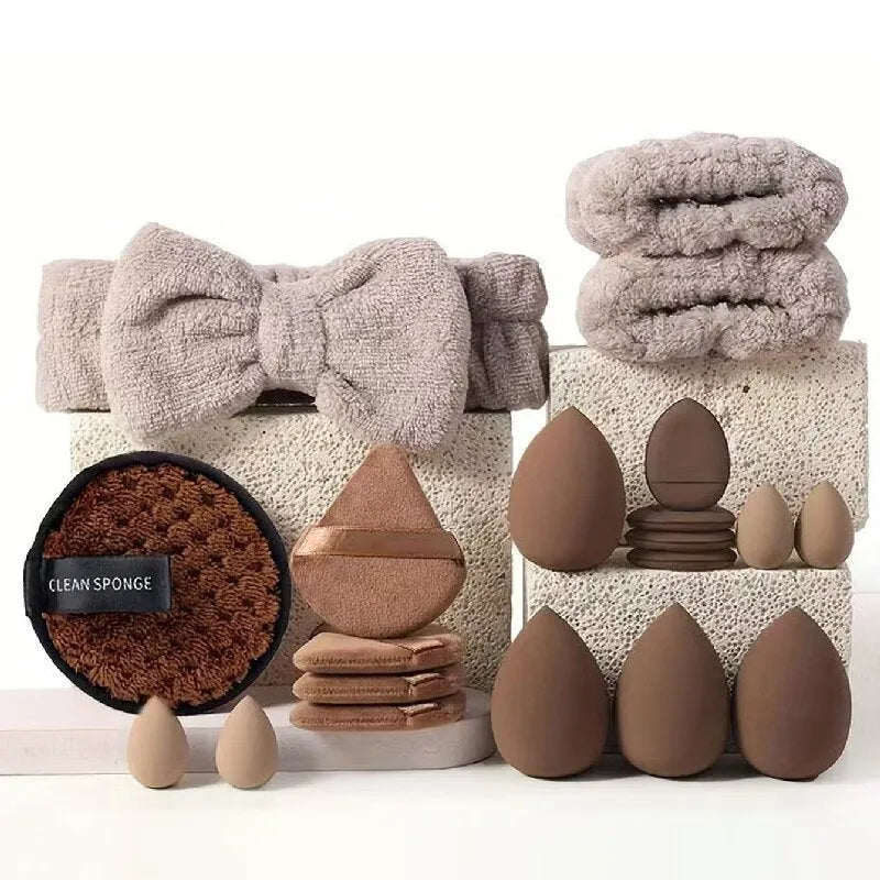40-piece beauty tools set with hydrophilic non-latex face wash and makeup tools in brown, pink and purple colour options