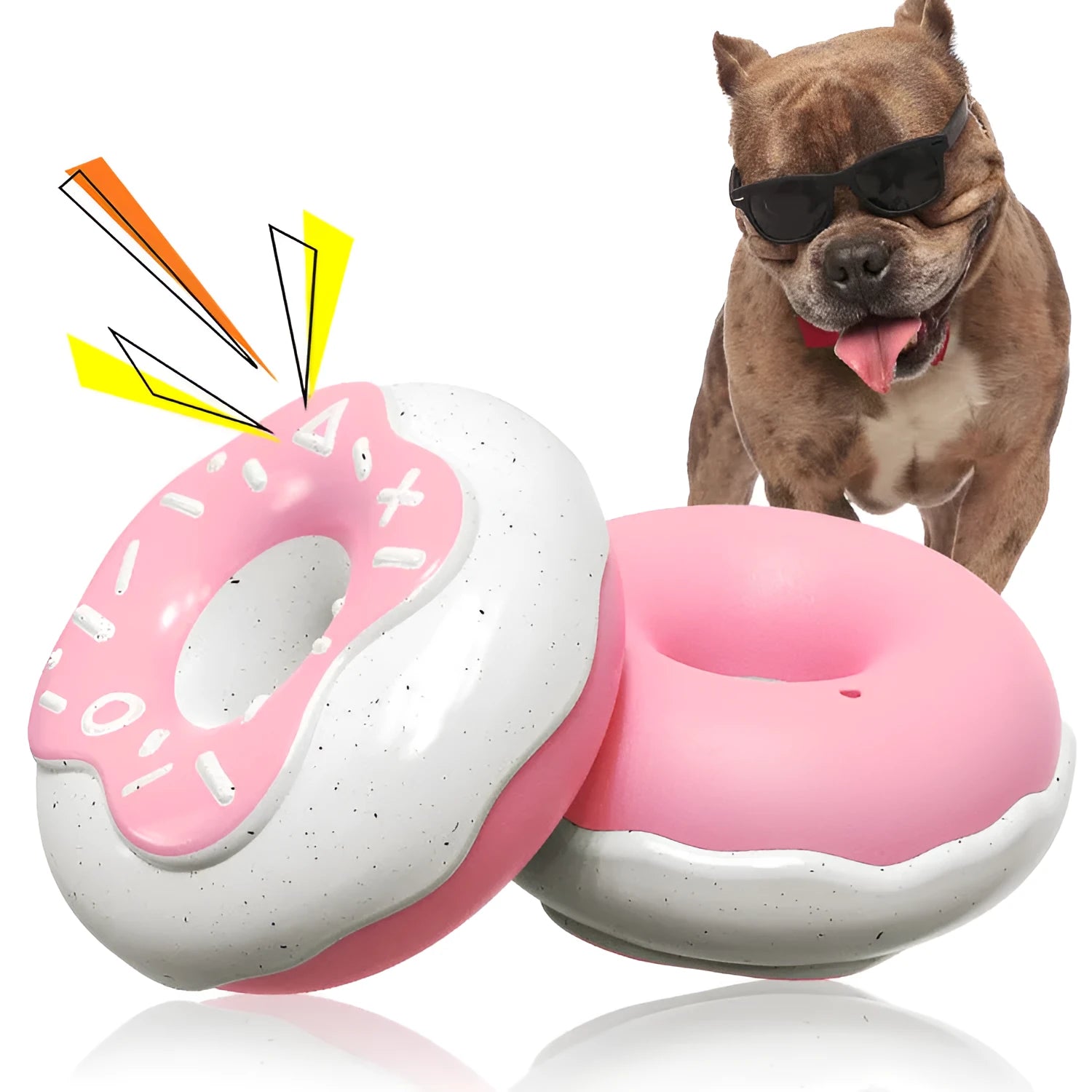 TPR donut dog toy with sound features for molar teeth cleaning in pink, yellow or chocolate colours